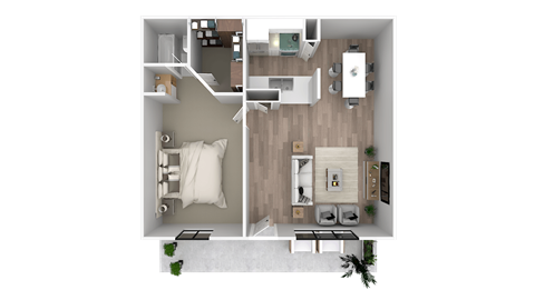 a 3d rendering of a floor plan with a bedroom and a living room